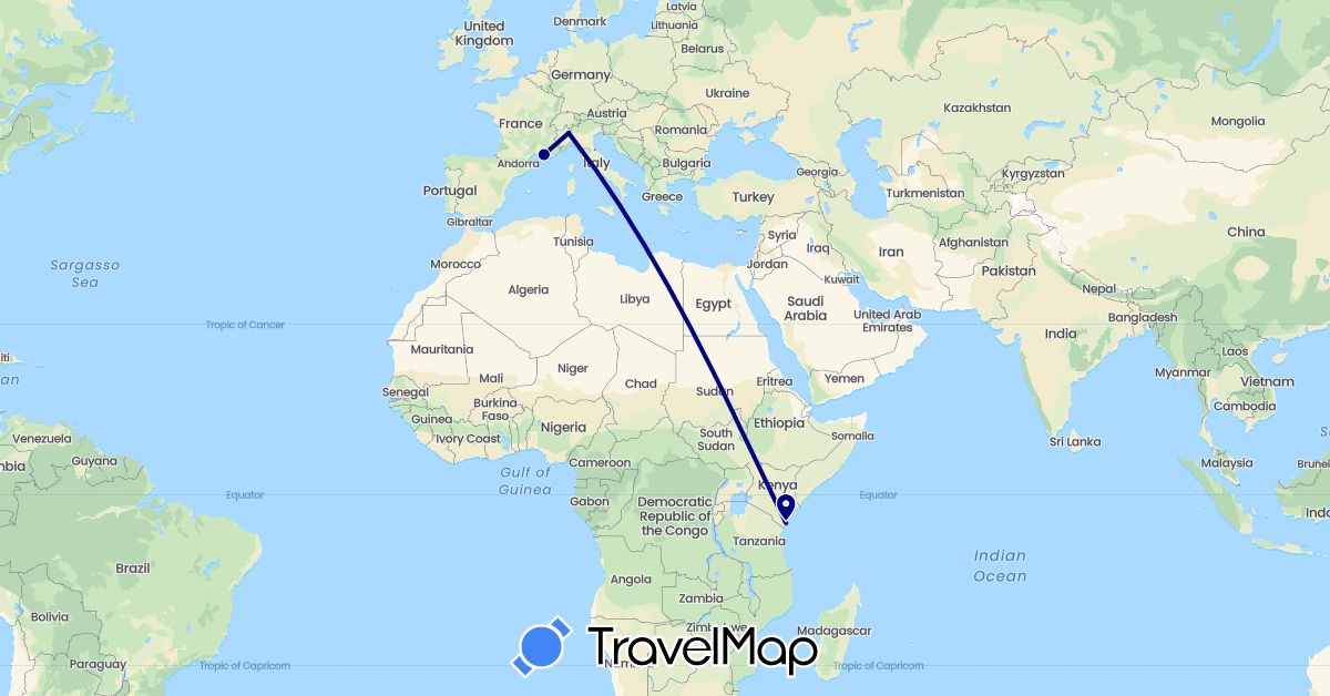 TravelMap itinerary: driving in France, Italy, Kenya (Africa, Europe)